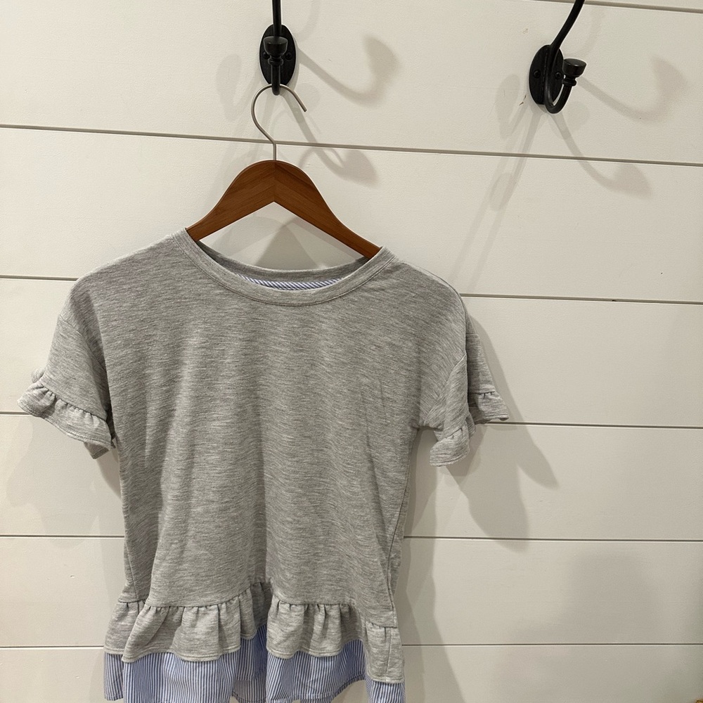 Girls, gray top, size large, width, striped ruffle